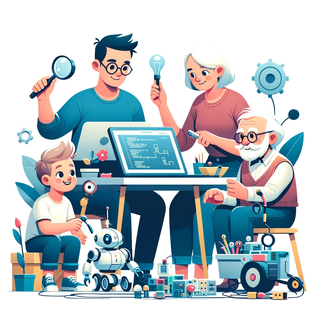 Hero image showing four humans of varying ages working on technology and engineering related projects at a table together
